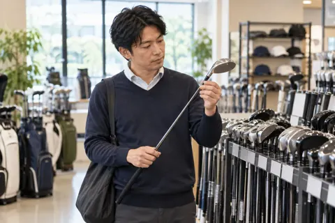中古のクラブの棚から1本を出して見るお客様（ゴルフショップ・ゴルフ用品の写真 No.23）