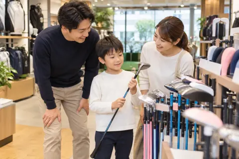 子ども用のクラブを選ぶ親子（ゴルフショップ・ゴルフ用品の写真 No.26）