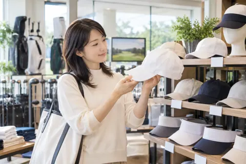 帽子とサンバイザーの売り場で選ぶお客様（ゴルフショップ・ゴルフ用品の写真 No.27）