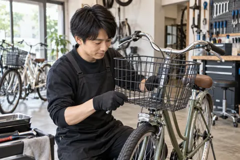 かごを取り付ける店員（自転車販売・修理の写真 No.36）