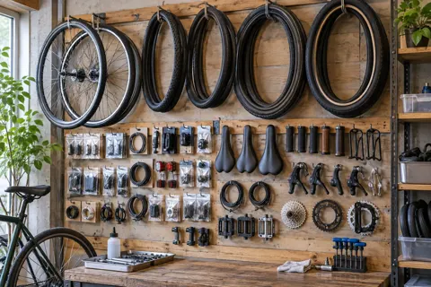 壁にかかったタイヤと部品（自転車販売・修理の写真 No.42）