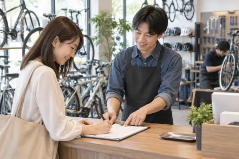 防犯登録の手続きをするお客様と店員（自転車販売・修理の写真 No.45）