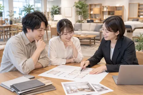 部屋の図面を見ながら相談する店員とお客様（家具の写真 No.19）