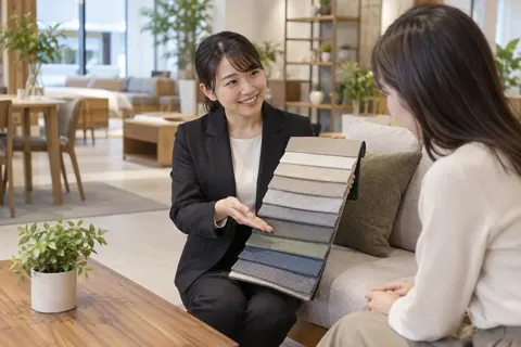 布の見本を見せる店員（家具の写真 No.20）