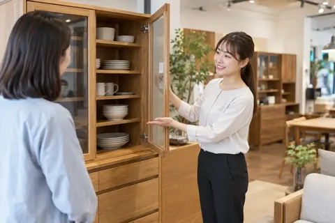 食器だなのとびらを開けて説明する店員（家具の写真 No.23）