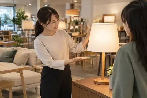 照明の明かりをつけて見せる店員（家具の写真 No.24）