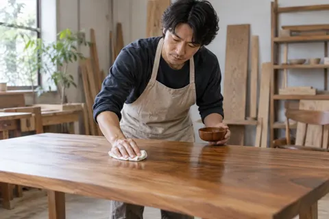 木のテーブルにオイルをぬる職人（家具の写真 No.27）