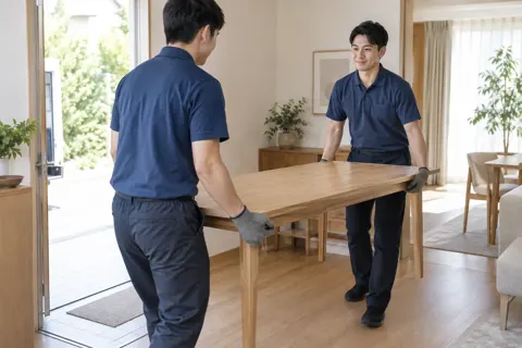 お客様の家にテーブルを運び入れる配送員たち（家具の写真 No.30）