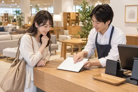 レジで配送の日を決めるお客様と店員（家具の写真 No.33）