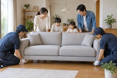 新しい家具が届いて喜ぶ家族（家具の写真 No.34）