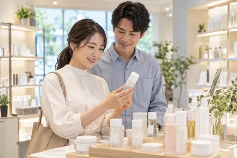 夫婦でスキンケアの品を選ぶお客様（コスメ・化粧品の写真 No.36）