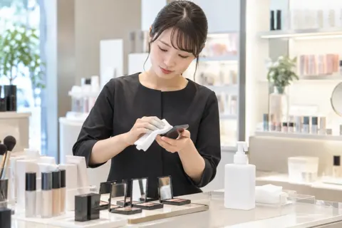 テスターをふいて消毒する店員（コスメ・化粧品の写真 No.42）