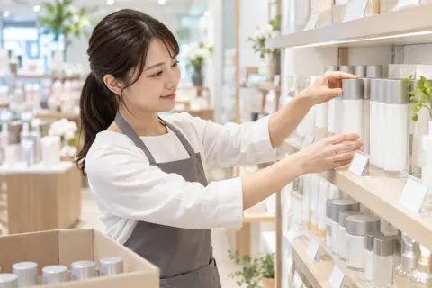 新しい商品を棚にならべる店員（コスメ・化粧品の写真 No.43）