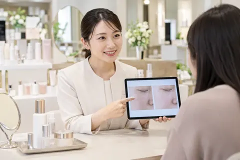 タブレットで肌の写真を見せて説明する店員（コスメ・化粧品の写真 No.45）