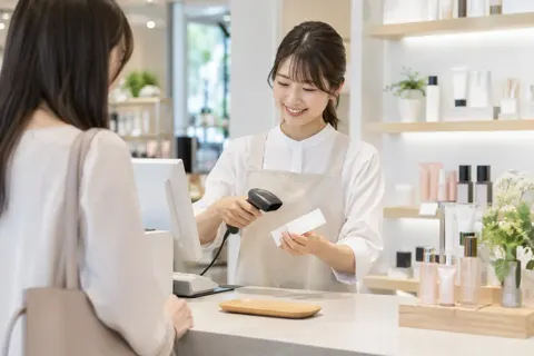 レジで会計をする店員（コスメ・化粧品の写真 No.46）