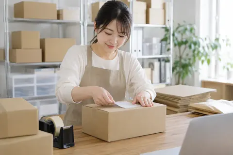 箱に送り状をはるスタッフ（ネットショップ・通販の写真 No.35）