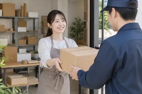 集荷に来た配達員に箱をわたすスタッフ（ネットショップ・通販の写真 No.36）