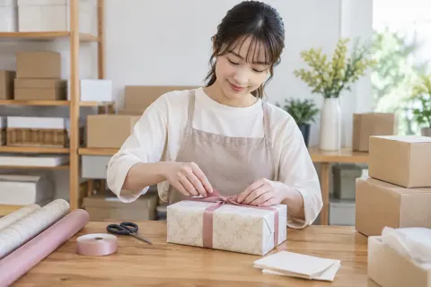 ギフト用の包装をするスタッフ（ネットショップ・通販の写真 No.45）