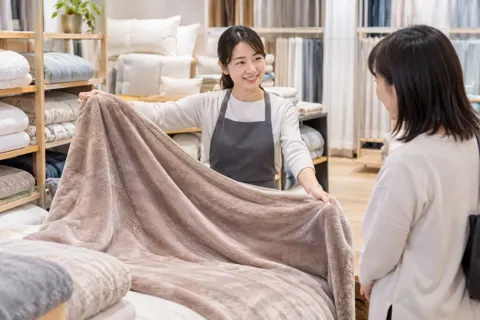 毛布を広げて見せる店員（寝具・カーテンの写真 No.19）
