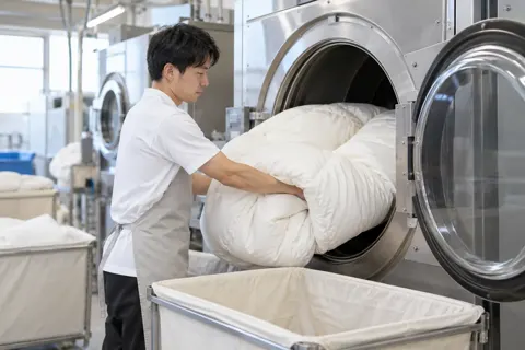 ふとんを丸洗いする機械に入れる作業員（寝具・カーテンの写真 No.27）