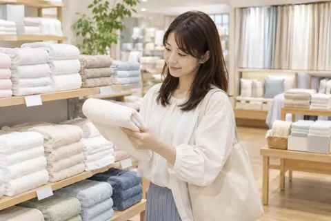 タオルの売り場で選ぶお客様（寝具・カーテンの写真 No.31）