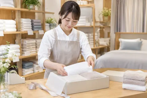 贈り物のタオルを箱につめる店員（寝具・カーテンの写真 No.32）