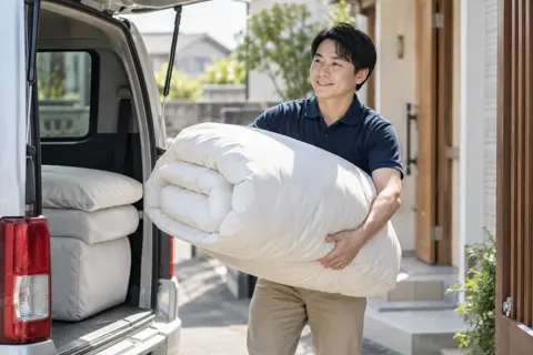 ふとんを車に積んでとどける店員（寝具・カーテンの写真 No.33）