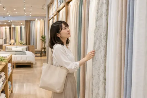 カーテンがずらりとかかった売り場（寝具・カーテンの写真 No.36）