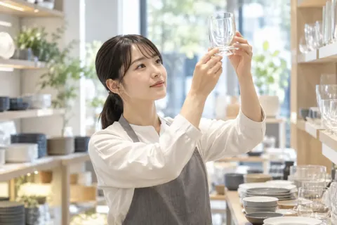 グラスを光にかざして見る店員（食器・キッチン用品の写真 No.22）