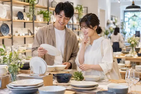 結婚のお祝いの食器を選ぶお客様（食器・キッチン用品の写真 No.25）