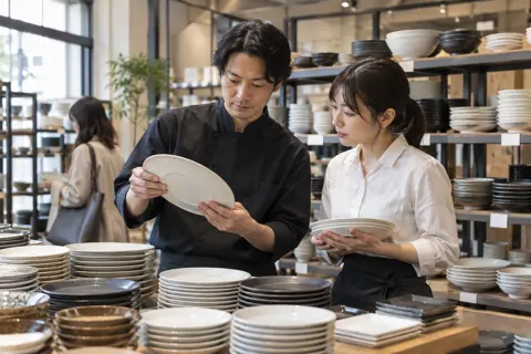 業務用の皿をまとめて選ぶ飲食店の人（食器・キッチン用品の写真 No.26）