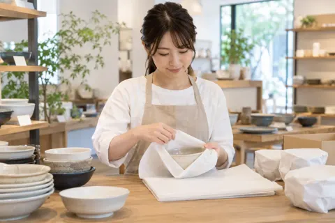 器を紙で1枚ずつ包む店員（食器・キッチン用品の写真 No.27）
