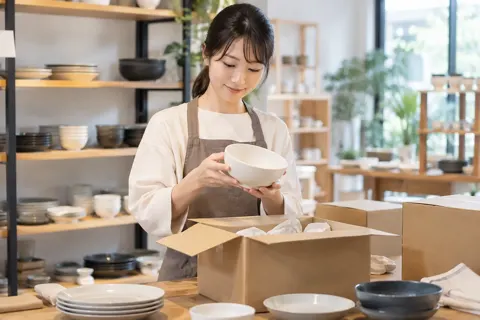届いた器を箱から出して調べる店員（食器・キッチン用品の写真 No.29）