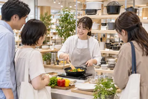 店の中で料理の実演をする店員とお客様たち（食器・キッチン用品の写真 No.31）