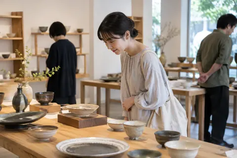 作家の器の展示を見るお客様（食器・キッチン用品の写真 No.32）