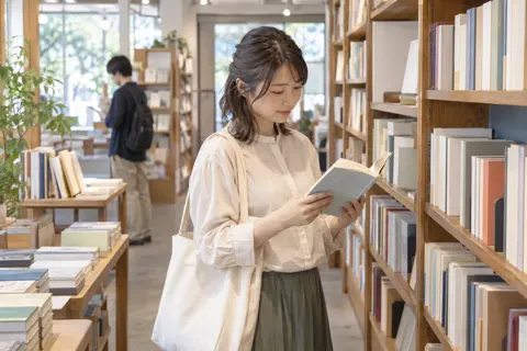 立ったまま本を開いて選ぶお客様（書店・古書の写真 No.21）