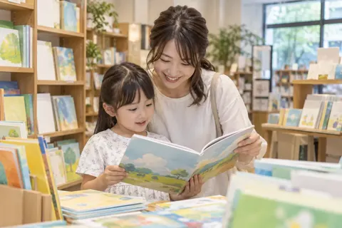 絵本を選ぶ親子（書店・古書の写真 No.22）