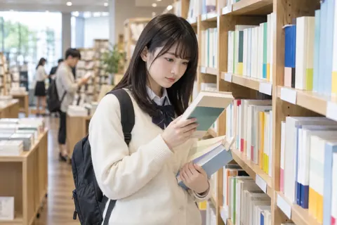 参考書を選ぶ学生（書店・古書の写真 No.24）