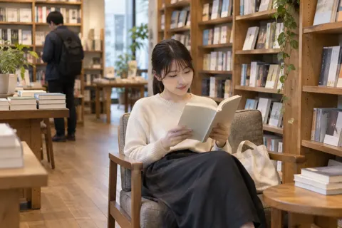 店の中のいすで本を読むお客様（書店・古書の写真 No.25）