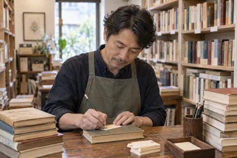古書の値段を鉛筆で書きこむ店主（書店・古書の写真 No.28）