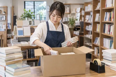 返品する本を箱につめる店員（書店・古書の写真 No.34）