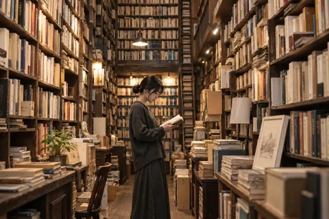 天井まで本が並んだ古書店の中（書店・古書の写真 No.35）