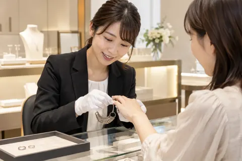 お客様の指の大きさを測る店員（時計・宝飾の写真 No.20）