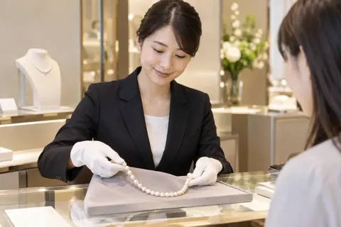 真珠のネックレスを布の上に広げて見せる店員（時計・宝飾の写真 No.23）