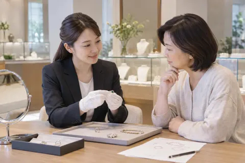 古いアクセサリーを作りかえる相談をするお客様と店員（時計・宝飾の写真 No.30）