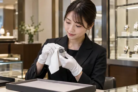 白い手ぶくろで時計をふく店員（時計・宝飾の写真 No.33）