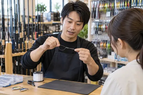 糸の結び方をやってみせる店員（釣具店・フィッシング用品の写真 No.19）