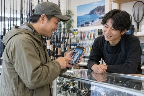 つれた魚の写真を店員に見せるお客様（釣具店・フィッシング用品の写真 No.23）