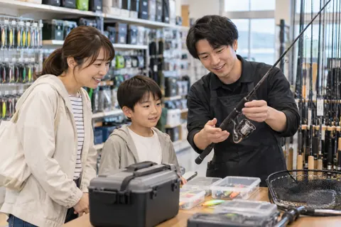 はじめての親子に道具のセットをすすめる店員（釣具店・フィッシング用品の写真 No.24）