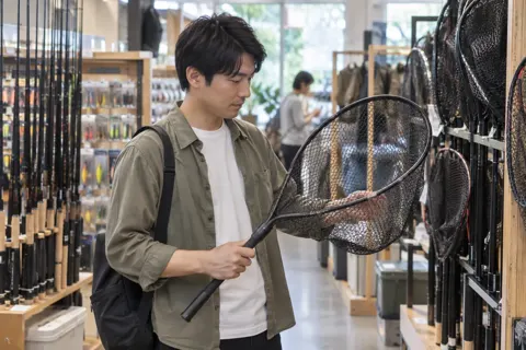 たも網を手に取って見るお客様（釣具店・フィッシング用品の写真 No.28）